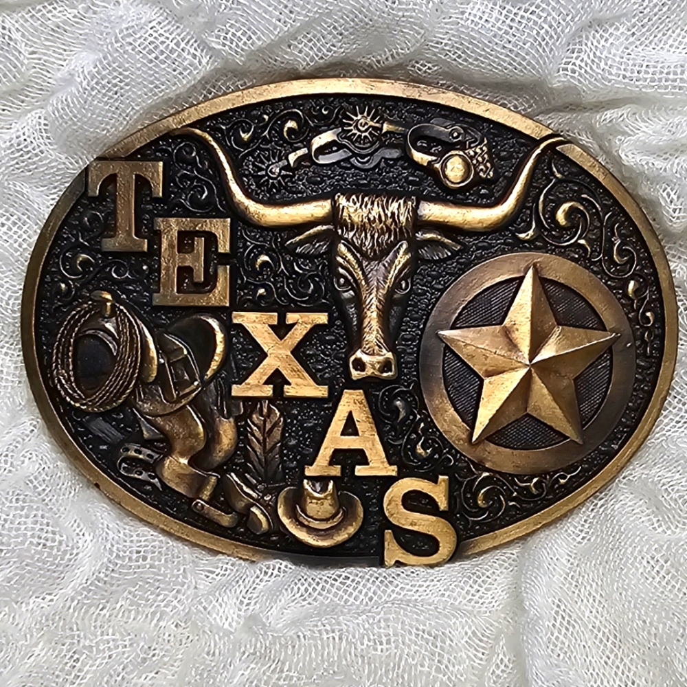 Montana Silversmiths belt buckle, hat, bull, saddle, spurs, star, solid brass